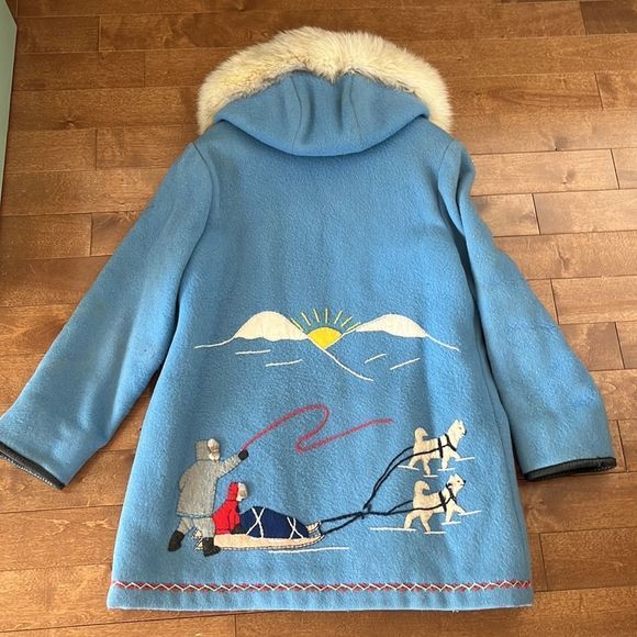 Vintage James Bay Fur Trim Hood Dog Sled Theme Wool Coat Blue Parks - Picture 9 of 14